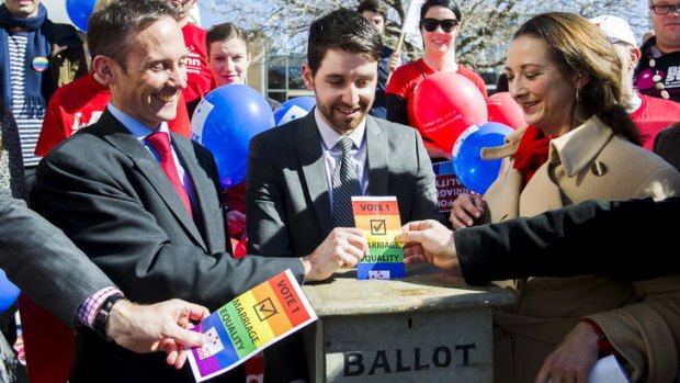 Campaign: Labor MP's Andrew Leigh and Gai Brodtmann with gay marriage advocates during a pro-gay marriage demonstration in Canberra this month.