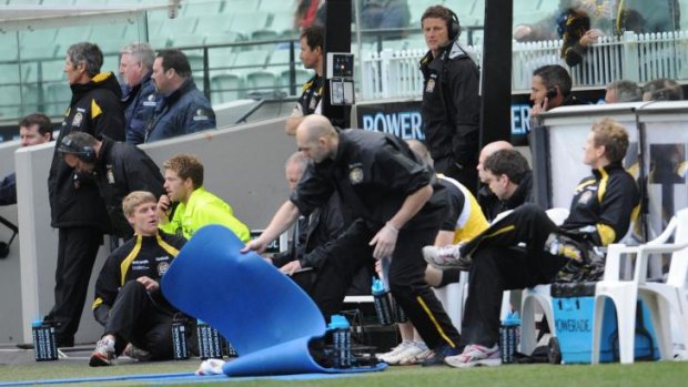 Life from the bench ... Damien Hardwick coaches from the interchange.
