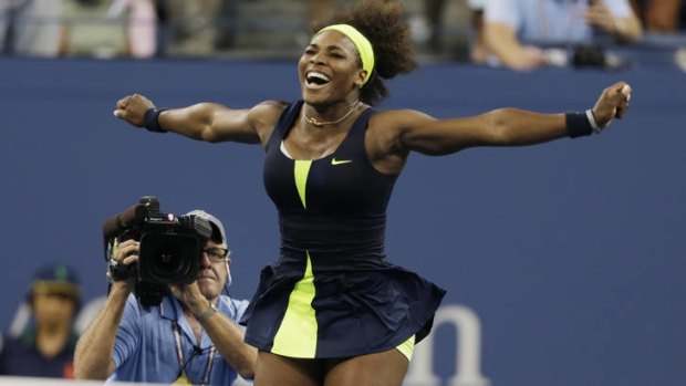 Serena Williams reacts after beating Victoria Azarenka in the championship match at the 2012 US Open.