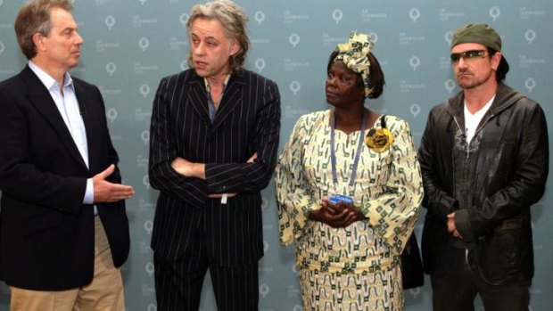 Debt push: Tony Blair, Bob Geldof, Kenyan Nobel prize winner Wangari Maathai and U2 lead singer Bono at the G8 summit in Scotland in 2005.