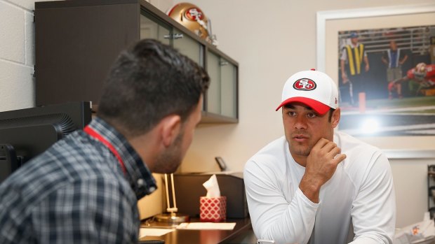 Focused: Jarryd Hayne speaks to Michael Chammas at Levi's Stadium.