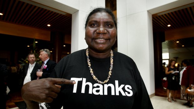 Member of the Australian Reconciliation Board Raymattja Marika wears a shirt saying thanks in response to the Prime Minister Kevin Rudd's apology to the Stolen Generation