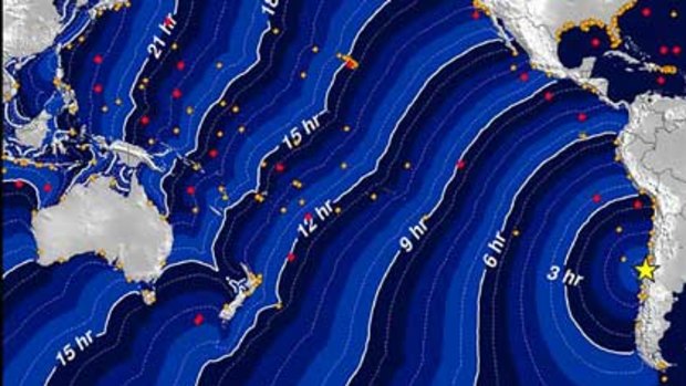 An image released by the National Atmospheric and Oceanic Administration shows the tsunami travel time following a huge 8.8-magnitude earthquake in Chile.
