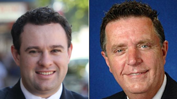 Ins and outs of the seat of Penrith... Liberal Party candidate for Mrs Paluzzano's seat vacated yesterday, Stuart Ayres, (left) and the Labor Party's likely candidate Greg Davies.