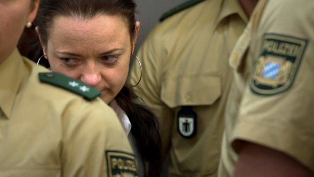 Defendant Beate Zschaepe arrives in court on the second day of the NSU neo-Nazi murder trial on May 14, 2013, in Munich, Germany. 