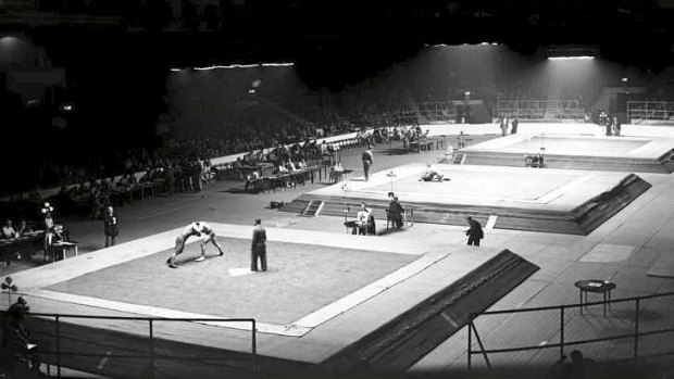 Greco-Roman wrestling events taking place at Empress Hall, Earl's Court, during the London Olympics in 1948.