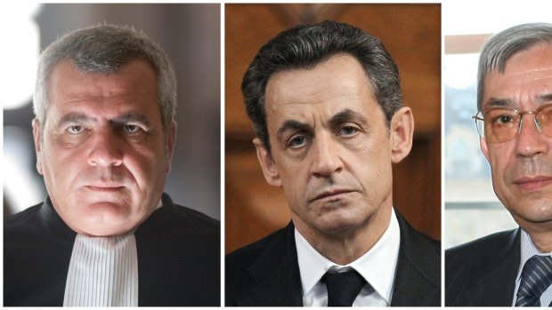 From left: French lawyer Thierry Herzog, his client former French President Nicolas Sarkozy and French judge Gilbert Azibert. A French court ruled on May 7, 2015 that wiretapped recordings of Sarkozy talking with his lawyer could be used as evidence in an ongoing corruption probe.