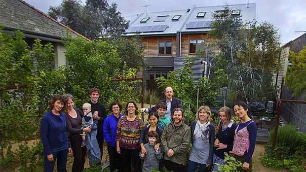 Urban Coup inner-city co-housing members (from left) Eleni Rivers, Bryony Edwards, Lucian Whitehead, Rowan Rivers Wagner, Sally MacAdams, Karen Hovenga, Rose Brown (front), Phuong Le, Tyson O’Shea, Alex Fearnside, James Brown, Tania Lewis, Caitlin O’Shea, and Ta Fearnside.
