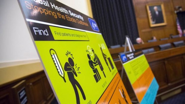 US Centres for Disease Control and Prevention  educational materials are displayed at a hearing of a House Foreign Affairs subcommittee.