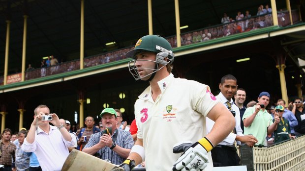 Phillip Hughes walks out to bat in a Test  at the SCG in 2010. 