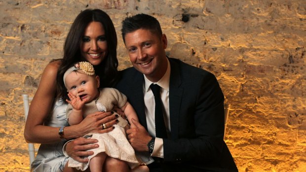 Former Australian cricket captain Michael Clarke with his wife Kyly and daughter Kelsey Lee at the launch of his autobiography, My Story. 