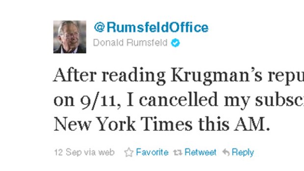Donald Rumsfeld vents his fury over Twitter.