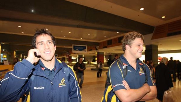 The future ... Ben Daley and James Slipper arrive in Sydney yesterday after playing in the Wallabies' fighting win over England in Perth.