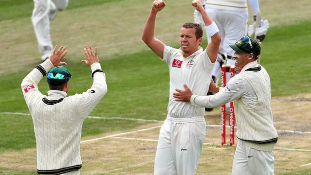 A wicket at last ... Peter Siddle celebrates taking the wicket of Angelo Mathews.