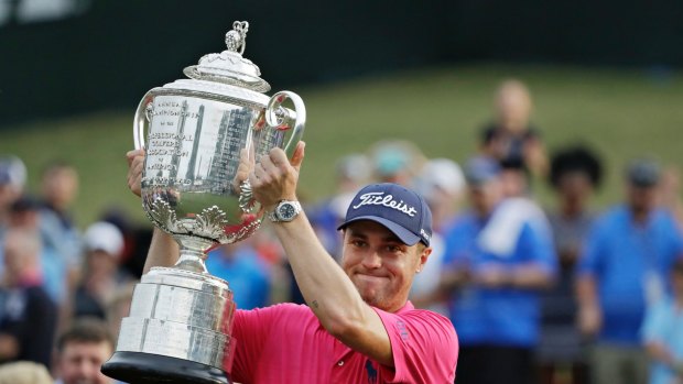 Justin Thomas with the Wanamaker Trophy after winning the PGA Championship.