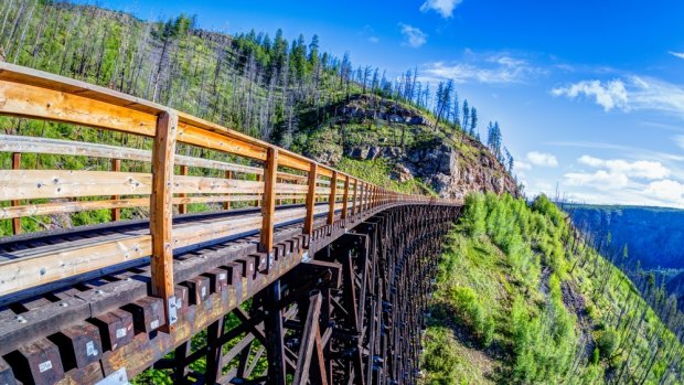 Originally one of 19 wooden railway trestle bridges built in the early 1900s in Myra Canyon, Kelowna, BC. 