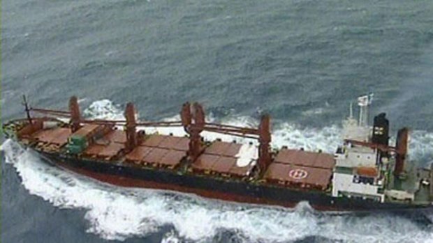 The Pacific Adventurer in Moreton Bay after spilling oil in the wake of Cyclone Hamish.
