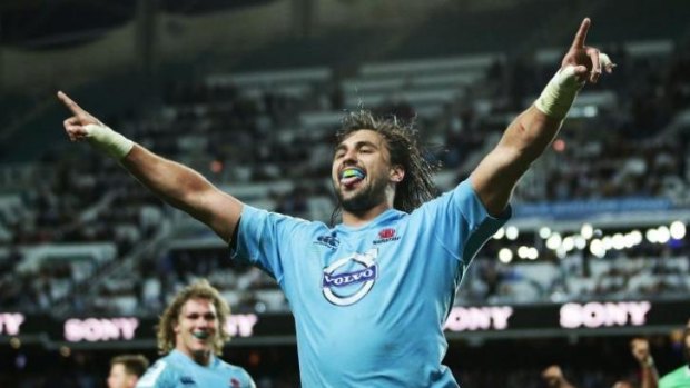 Buy of the year? Jacques Potgieter of the Waratahs celebrates scoring a try.