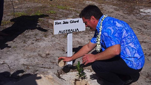 Filling in ... Australia's parliamentary secretary for Pacific affairs, Richard Marles, plants a commemorative tree while standing in for Julia Gillard at the Pacific Islands Forum in the Cook Islands.