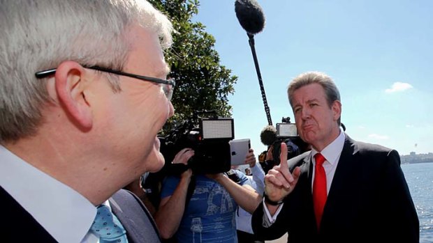 Barry O'Farrell confronts Kevin Rudd about his plans to shift the Defence facilities north from Sydney's Garden Island.