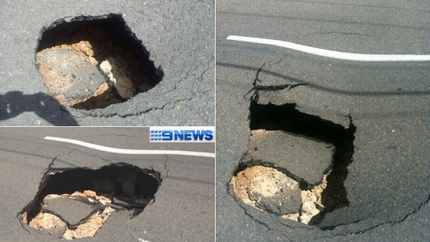 A sink hole measuring two metres by two metres has opened up in Ipswich. Photos (clockwise, from top left) from Channel Ten, Channel Seven and Channel Nine.