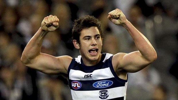 Happier times for Cats forward Daniel Menzel after he kicked his fifth goal against Collingwood, 2 September 2011.