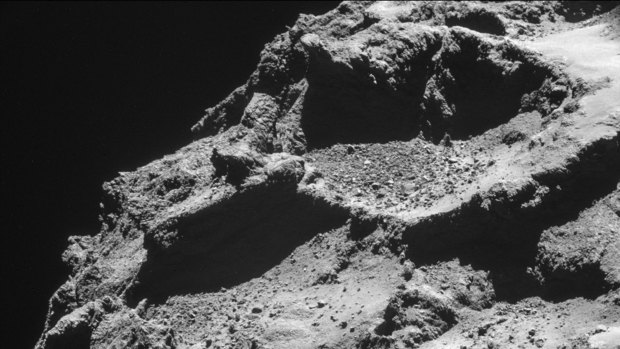 The surface of the 67P/Churyumov-Gerasimenko comet, taken from an altitude of approximately 10km by the Rosetta probe.
