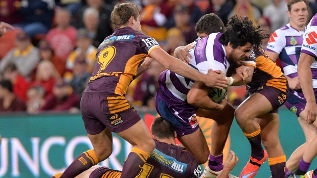 Hard yards: Tohu Harris takes it up into the Brisbane defence.