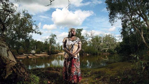 Protest ... Yvonne Margarula, a  Mirarr elder, near a monitoring station on Magela Creek. "Rio Tinto] don't tell us the whole story. [They] treat us mob like something else, like we don't know, like kids."