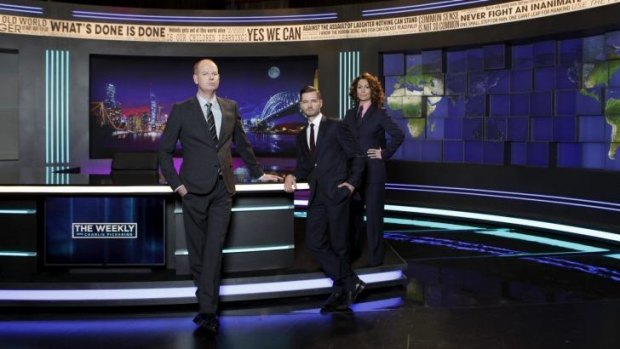 Tom Gleeson, Charlie Pickering and Kitty Flanagan on the set of <i>The Weekly</i>.