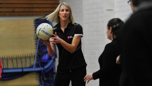 Australian Diamond squad member Clare McMeniman during a netball clinic in Woden.