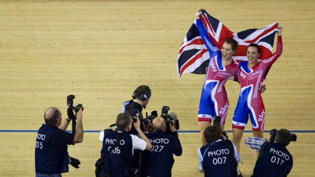 Home-town heroes: Britain's Victoria Pendleton and Jess Varnish celebrate their victory in the team sprint at the Olympic test event in London.