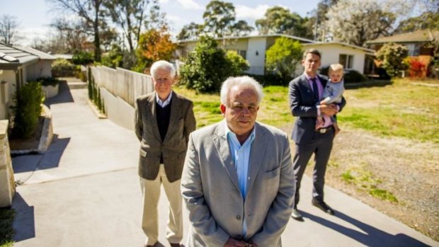 Not happy: Maurice Deveze, David Templeman and Stephen Gaffey with his son Jim are unhappy with the ACTPLA about the townhouses to be  built in Red Hill.