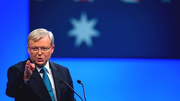 Six days to go: Kevin Rudd yields party faithful at the official launch of the Labor Party's federal campaign.