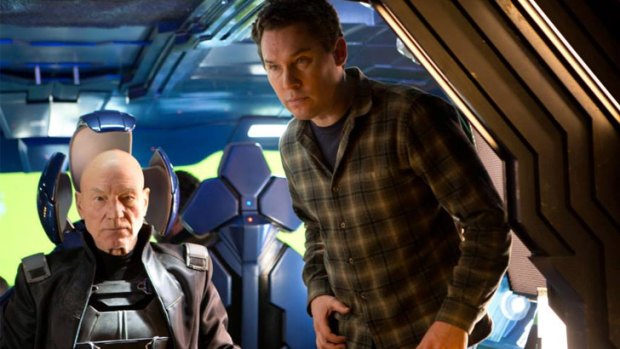 <i>X-Men</i> director Bryan Singer (right) on set with Patrick Stewart.
