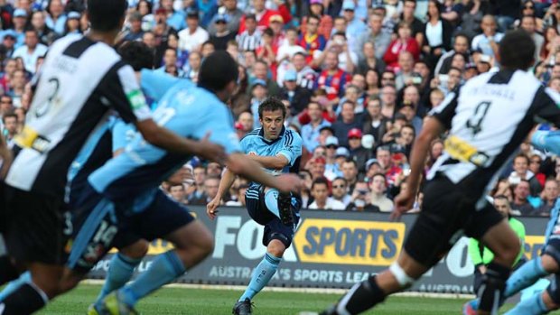 Master blaster: Alessandro Del Piero lets fly and scores during yesterday's clash between Sydney FC and Newcastle.