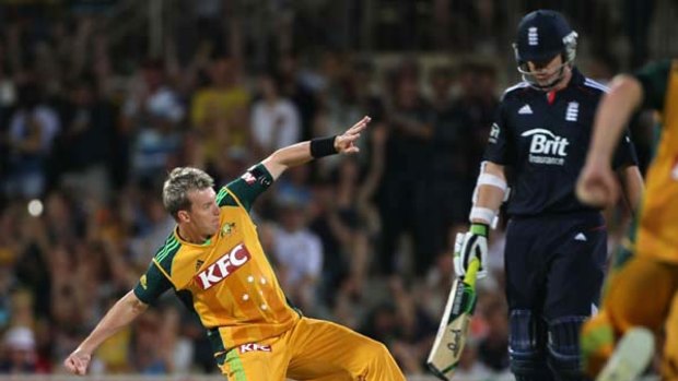 Australian fast bowler Brett Lee relishes his dismissal of Steven Davies.