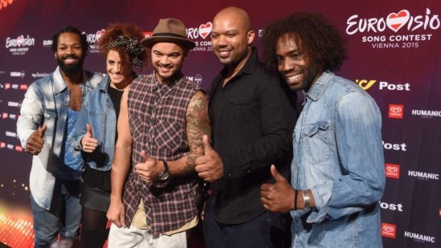 Guy Sebastian (centre) with his singers during a meet and greet ahead of the Eurovision Song Contest in Vienna, Austria.