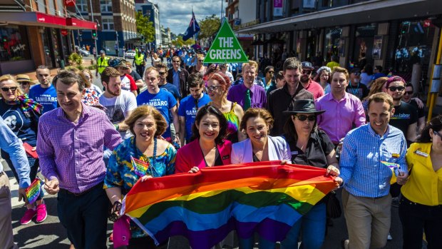 Lord Mayor Graham Quirk (left) pictured at last year's Brisbane Pride Festival, with federal MPs Teresa Gambaro (LNP) and Terri Butler (ALP), Deputy Premier Jackie Trad (ALP), state MP Grace Grace (ALP) and then-Labor lord mayoral candidate Rod Harding. 
