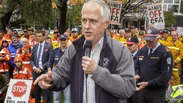 The Prime Minister Malcolm Turnbull makes an appearance at the CFA Volunteer and Supporters Rally, Treasury Gardens in June.