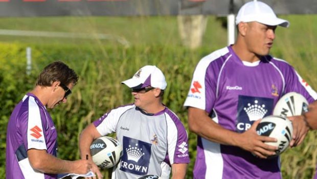Head coach Craig Bellamy (left) has been joined at Melbourne Storm by Kevin Walters (middle) and David Kidwell.