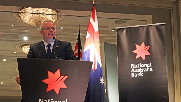 Treasurer Scott Morrison addresses a gathering of Australian business leaders at the Hyatt Regency London.