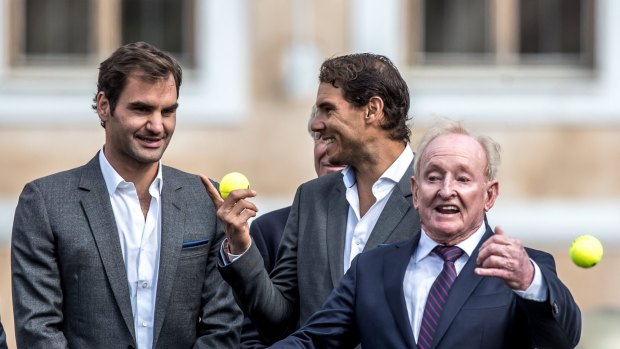 Roger and Nadal with Rod Laver at the welcome parade of the Laver Cup tennis tournament at the Old Town Square in Prague, Czech Republic.