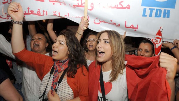 Tunisian women protested for fundamental rights in Tunis in August, 2012.