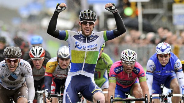 Sweet success: Matt Goss wins the second stage of the Tirreno-Adriatico race in Italy from a hot field that included British ace Mark Cavendish.