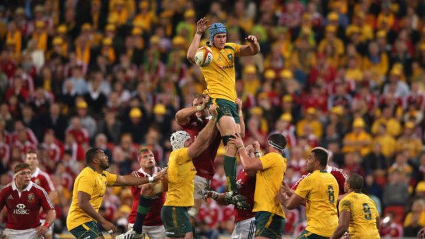 James Horwill climbs highest in the lineout at Suncorp.