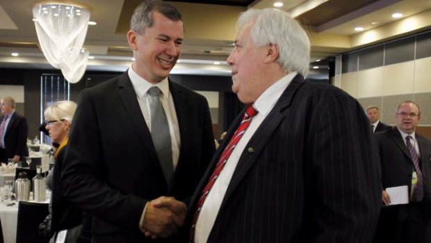 Clive Palmer greets Sports Party senator-elect Wayne Dropulich after he addressed the National Press Club in Canberra on Tuesday.