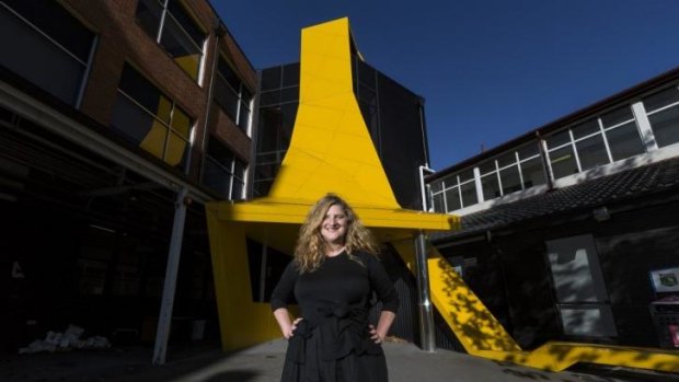 Bright ideas: Emily Floyd outside Monash University's Art Design and Architecture entrance, which she loves for its symbolism.