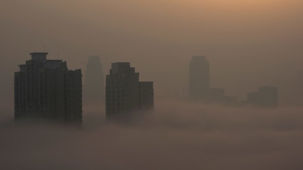 Heavy air pollution in Wuhan city in China in February. 