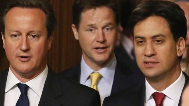 David Cameron, left, Deputy Prime Minister and Liberal Democrat leader Nick Clegg and Opposition Labour leader Ed Miliband, right, will need to work together to make devolution a reality.